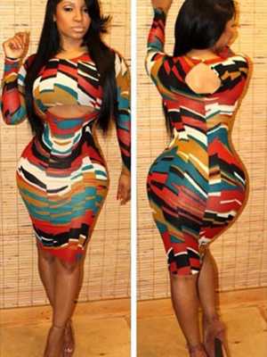 Sexy Printed Round Neck Tight Skirt Nightclub Tight Round Neck Slim Long Sleeve Dress