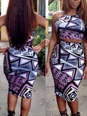 New Nightclub Tight Round Neck Sleeveless Printed Sexy Slim Dress Set