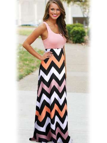 Womens Sleeveless Dress Round Neck Wave Striped Dress Floor-Length Maxi Dress