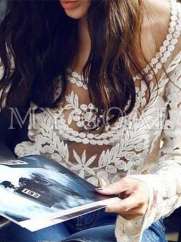 Women Sexy Semi Sheer Long Sleeves Embroidery Floral Lace Crochet Tee T-Shirt Top Blouse