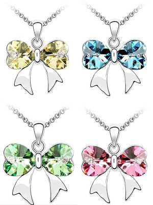 Hot Sale Fashion Silver Plated Crystal Sweet Heart Bow Pendant Necklace