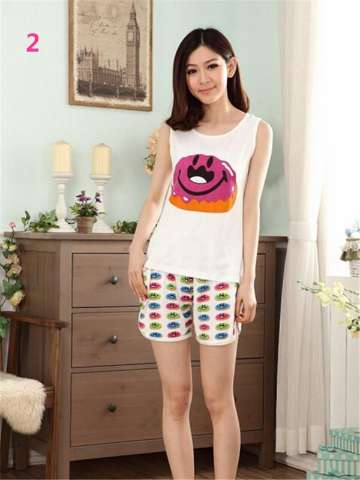 Women's Cute Cartoon Sleeveless Top and Shorts Lady's Pajamas Sleepwear Sleep Clothes Set