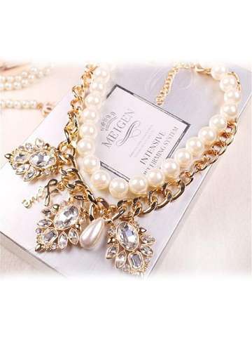 Necklace Retro Double Pearl Gem Imitate Diamond Droplets Flash Clavicle Necklace Chain