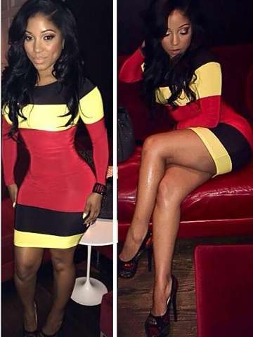 Fashion Neon Patchwork Long Sleeves Bandage Dress Slim Stretchy Clubwear Cocktail Evening