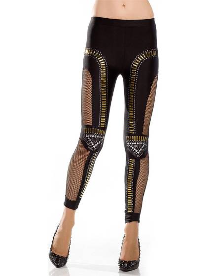 Deluxe Gothic Punk Fetish Wetlook Fishnet Metal Trims Leggings Pants