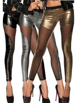 Sexy Stylish See-through Spliced Punk Rock Black Metallic Tight Pants Leggings