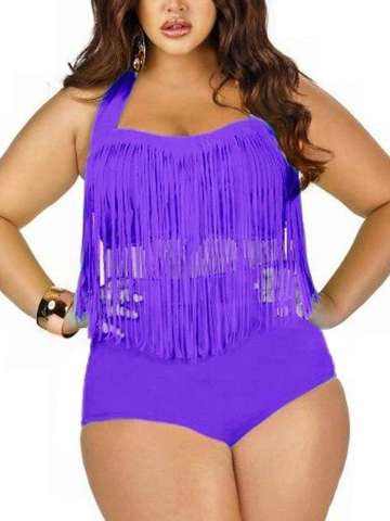 Women's New Plus Size High Waist Padded Bikini Set Fringe Swimwear