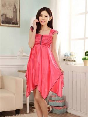 Women Summer Emulation Silk Pajamas Sexy Ice Silk Nightdress Nightgown (Color:Red,One Piece)