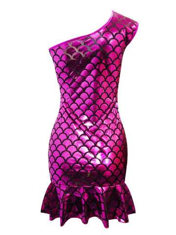One Shoulder Dresses Mermaid Fish Scale Metallic Night Evening Clubwear
