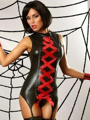 Sexy Gothic Punk Wetlook PU Lace Up Front Back Romper Teddy With Garters Stripper Wear Lingerie Costumes Gothic0909