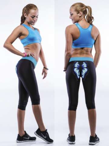 Women 3D Digital Back Butterfly Stretch Cotton  Knee Length Capri Sport Leggings Tights Shapewear