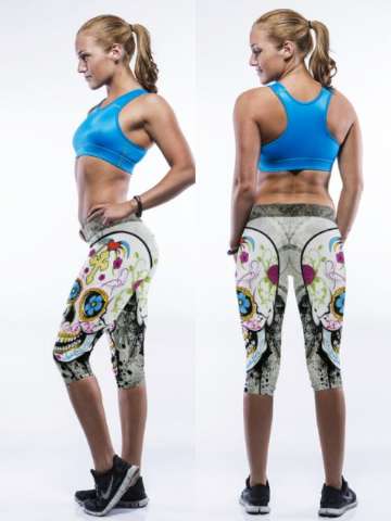 Women 3D Digital Skull Stretch Cotton  Knee Length Capri Sport  Leggings Tights Shapewear