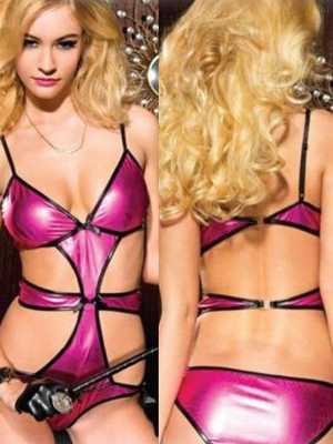 vintage Fashion Hot Pink Metallic Black Edges Romper Teddy Stripper Wear Lingerie