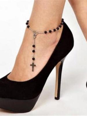 Korean Style Vintage Pearl And Cross Pattern Anklet Crochet  Foot Chain Punk Beach Anklet