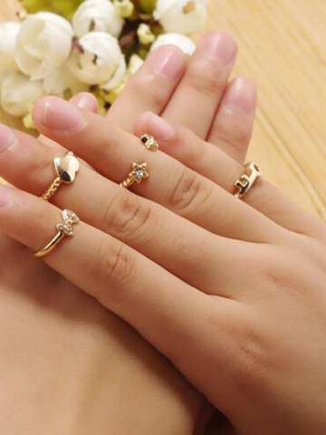 Women's Fashion 5 Pcs 14K Gold Plated Diamond Punk Style Size Adjustable Ring Set