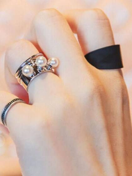 Vintage Silver Plated Punk Style 3 Pcs Pearl Size Adjustable Ring Set Joint rings