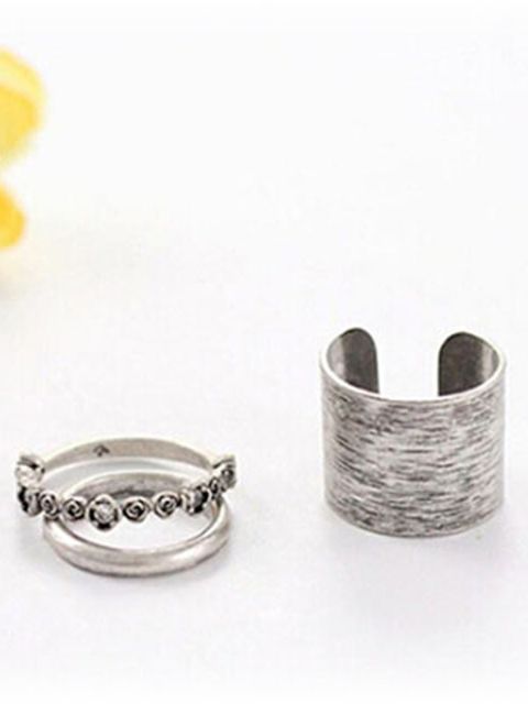 3 Pcs Vintage Silver Plated Punk Style Flower Pattern Size Adjustable Rings Set Nice Gifts