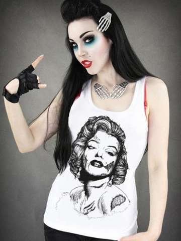 Quality Rockability Digital Print Hallywood Gothic Punk White T-shirt Top