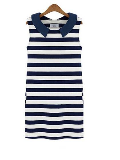 2015 NEW Summer Fashion Girl sleeveless navy blue striped Doll Collar dress vest dress-trq