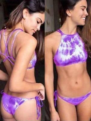 Women Fashion Sexy Strapless Tie Dye Beach Triangle Bikini Set Swimwear High Neck Digital Print Bikini