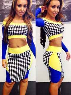 Neon Patchwork Print Long Sleeve Crop Top + Skirt Bandage Dress Midi Celebrity