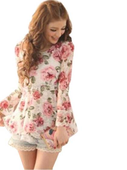 Women's Fashion Rose Bud Lace Yarn Long-sleeved Korean Style Dress Lace Dresses