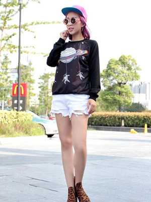Hot Women Crewneck Long Sleeve Tops Harajuku Saturn Astros Cartoon Raglan Blouse