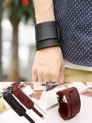 Unisex Mens Punk Wide Genuine Leather Belt Bracelet Bangle Cuff Wristband Gothic