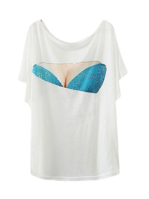 WomensFashion Casual White Round Neck Short Batwing Sleeve 3D Punk Funny T-Shirt Fake Big Blue Chest Bra Blouse Top