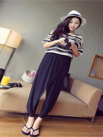 Women's Classic Stripe Organza Satin T-shirt Blouse Tops with Chiffon Loose Harem Pant 2 pieces