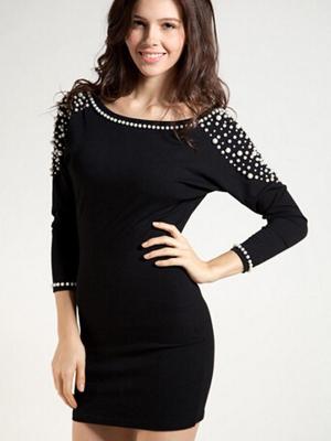 WOMEN'S Openback Sequined Long Sleeve Black Little Dress