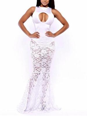 WOMEN'S NEW FASHION Lace Floral Print White Night Gown Evening Party Dress fishtail