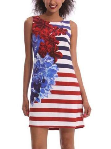 Celebrity Inspired Floral Navy Stripes Digital Print Tank Bandage Dress Summer Clubwear Casual Dresses