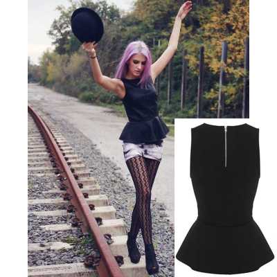 Women Fashion Black Round Neck Sleeveless Peplum Vest Top Back Zipper