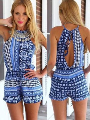 Women's Sexy Bohemian Halter Backless Jumpsuit Playsuit Rompers Shorts