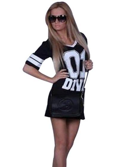 Women Fashion Black V Neck Short Sleeve Number And Letter Print Mini Dress Sport Dress Casual Dresses