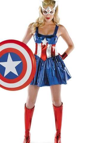 Women's Adult Sexy Metallic Captain American Costumes Halloween Fancy Party Dress