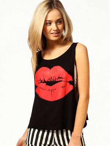 Trendy New Women Fashion Crew Neck Sleeveless Lip Print Vest Tank Top Shirt Summer Casual