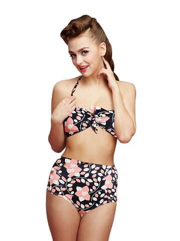 Women's Halter leaves pattern Vintage Retro top and High Wasit bottom