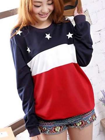 Women's Fashion Five-pointed Star Patchwork Striped Long Sleeve Sweatshirts & Hoodies
