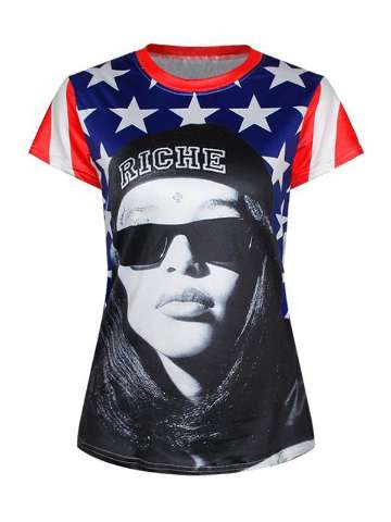 Women's 3D Star Digital Printing Short Sleeve Crewneck T-Shirt Shirts Tee (Blue) T-shirt