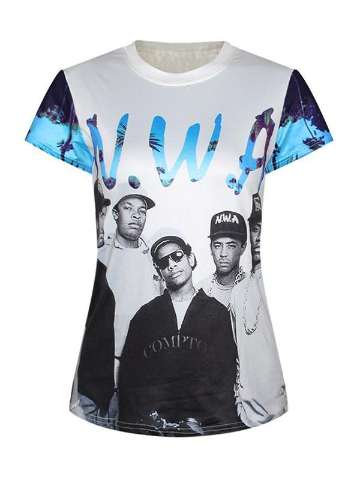 Women's 3D NWA Digital Printing Short Sleeve Crewneck T-Shirt Shirts Tee (White)