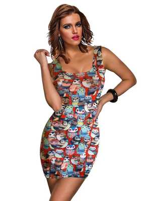 Sexy Vintage Owl Print Retro 50s' 60s'Zipper Front Tank Dress Bodycon Clubwear