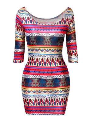Women Lady's Scoop Round Neck Aztec Half Sleeve Slim Fit Prom Bandage Bodycon Dresses Vintage Dresses