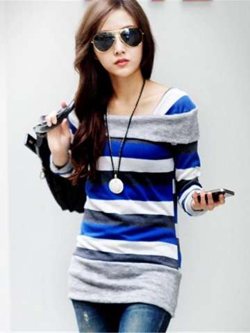Fashion Women's Hot Long Sleeve Turn-Down Collar Pullover Cotton Striped Blouses Batwing Tee