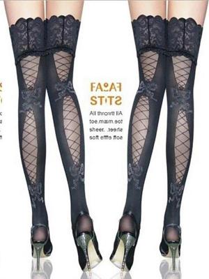 Fashion Luxurious Lace Up Back Prints Sheer Stockings Bow Knots Gothic0909