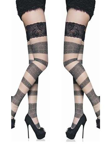 Women's Fashion Fashion Lycra Tatoo Print Stay Up Sheer Opaque Striped Thigh High Stockings Lace Top