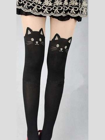Women's Fashion Kitten Print Knee High Length CAT Tail Tattoo Tights Pantyhose Stockings
