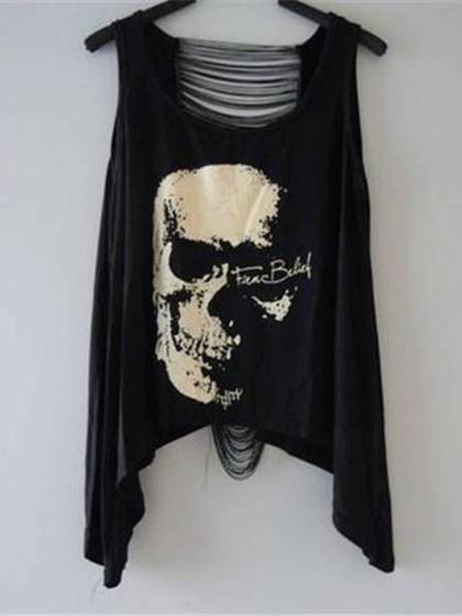 New Sexy Women Sleeveless Punk Skull Print Tassel Asymmetric Tank T-shirt Tops