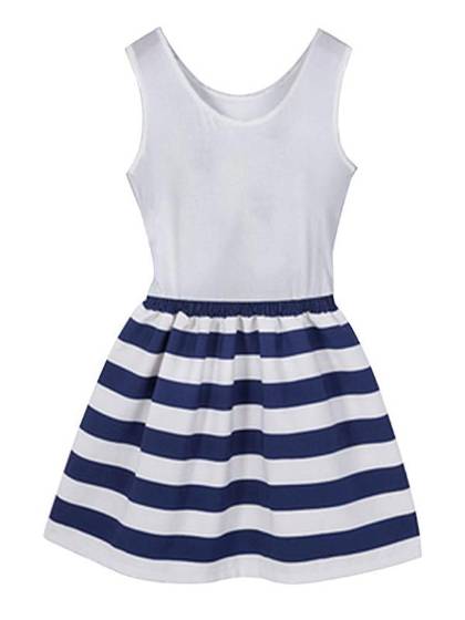 Fashion Sweet Blue Navy Striped Sleeveless Mini Tank Maxi Dress For Cocktail/Party/Holiday